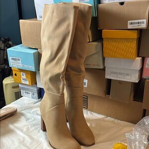 Tan Suede Heeled Boots with Cylindrical Heel